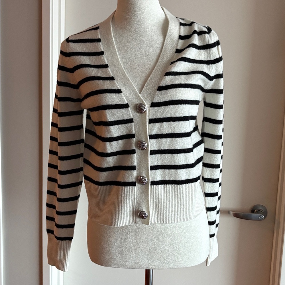 Veronica Beard Solene Ivory Black Stripe Cashmere Knit Cardigan Size Small NWOT